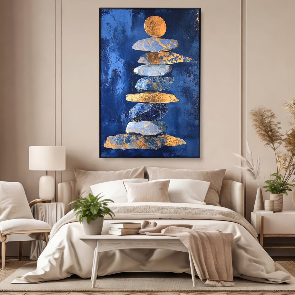 Tablou Canvas Premium, LuxCanva® C1290, Pietre care se roaga, Geometrie, Culori, Abstract, Aur, Pietre, Statuie, Echilibru, Albastru, Zen, Sacru, Spiritual, Vertical, Meditatie, Birou, Living, Dormitor
