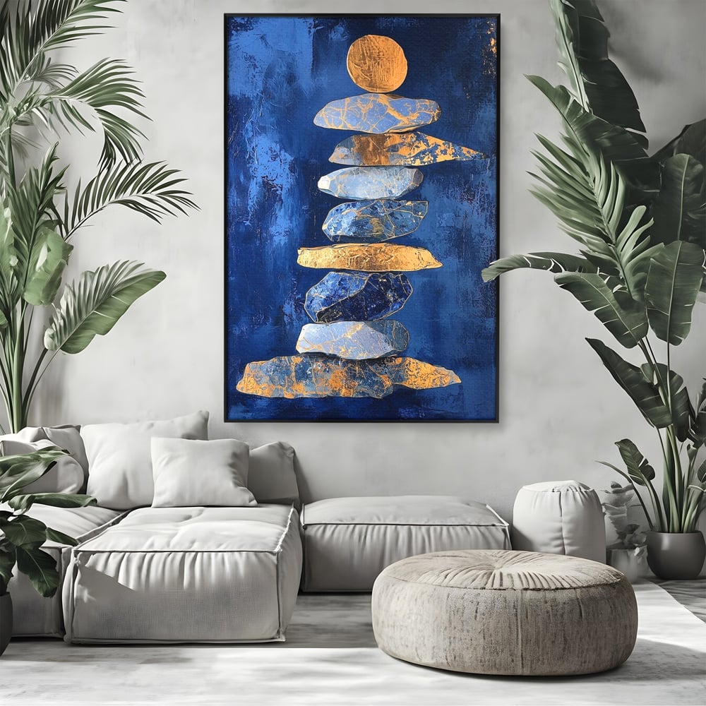 Tablou Canvas Premium, LuxCanva® C1290, Pietre care se roaga, Geometrie, Culori, Abstract, Aur, Pietre, Statuie, Echilibru, Albastru, Zen, Sacru, Spiritual, Vertical, Meditatie, Birou, Living, Dormitor