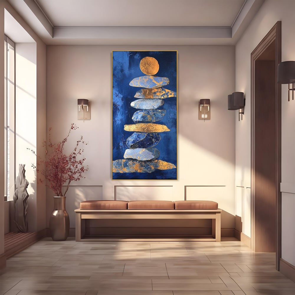 Tablou Canvas Premium, LuxCanva® C1290, Pietre care se roaga, Geometrie, Culori, Abstract, Aur, Pietre, Statuie, Echilibru, Albastru, Zen, Sacru, Spiritual, Vertical, Meditatie, Birou, Living, Dormitor