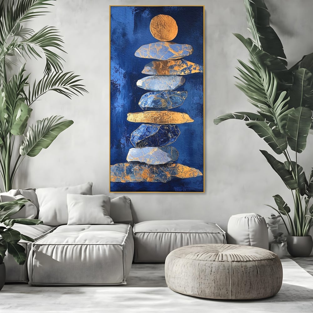 Tablou Canvas Premium, LuxCanva® C1290, Pietre care se roaga, Geometrie, Culori, Abstract, Aur, Pietre, Statuie, Echilibru, Albastru, Zen, Sacru, Spiritual, Vertical, Meditatie, Birou, Living, Dormitor