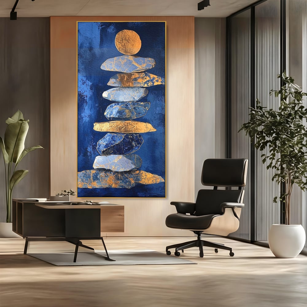 Tablou Canvas Premium, LuxCanva® C1290, Pietre care se roaga, Geometrie, Culori, Abstract, Aur, Pietre, Statuie, Echilibru, Albastru, Zen, Sacru, Spiritual, Vertical, Meditatie, Birou, Living, Dormitor