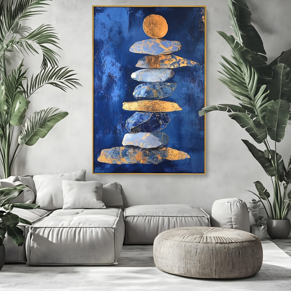 Tablou Canvas Premium, LuxCanva® C1290, Pietre care se roaga, Geometrie, Culori, Abstract, Aur, Pietre, Statuie, Echilibru, Albastru, Zen, Sacru, Spiritual, Vertical, Meditatie, Birou, Living, Dormitor