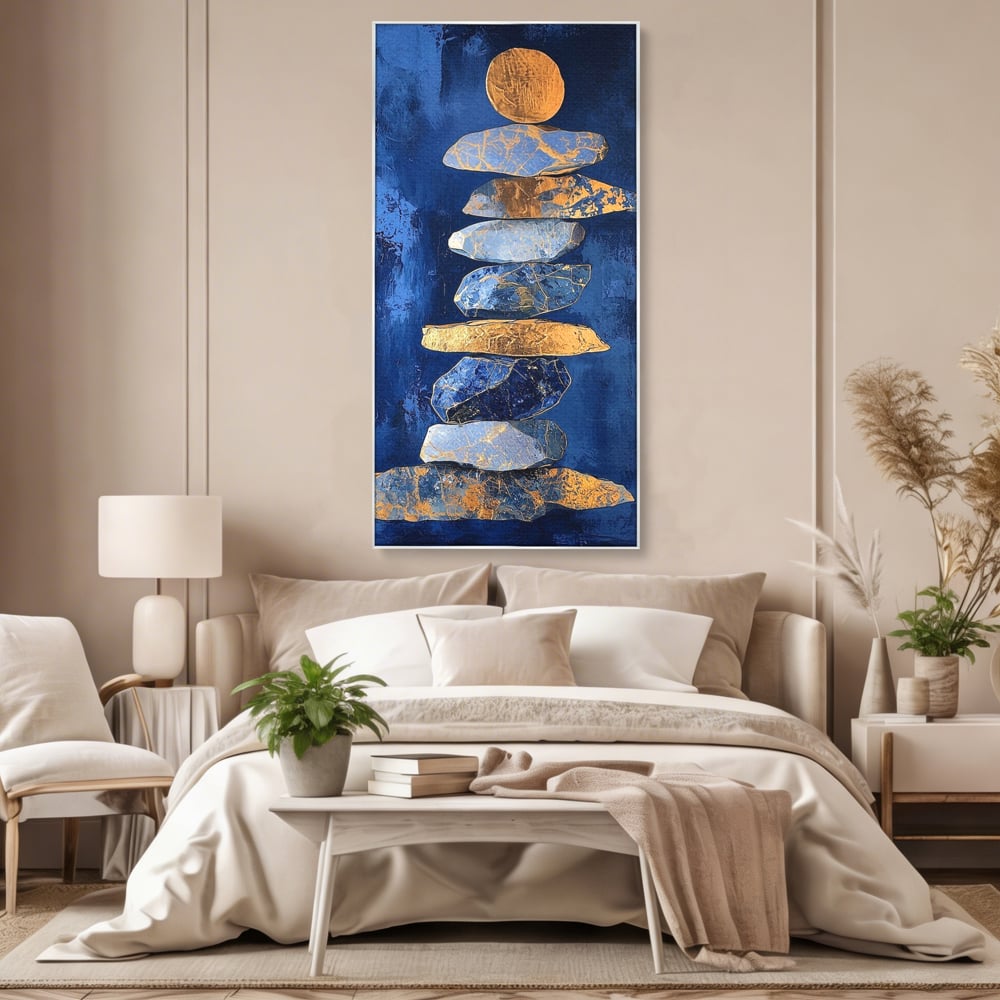 Tablou Canvas Premium, LuxCanva® C1290, Pietre care se roaga, Geometrie, Culori, Abstract, Aur, Pietre, Statuie, Echilibru, Albastru, Zen, Sacru, Spiritual, Vertical, Meditatie, Birou, Living, Dormitor