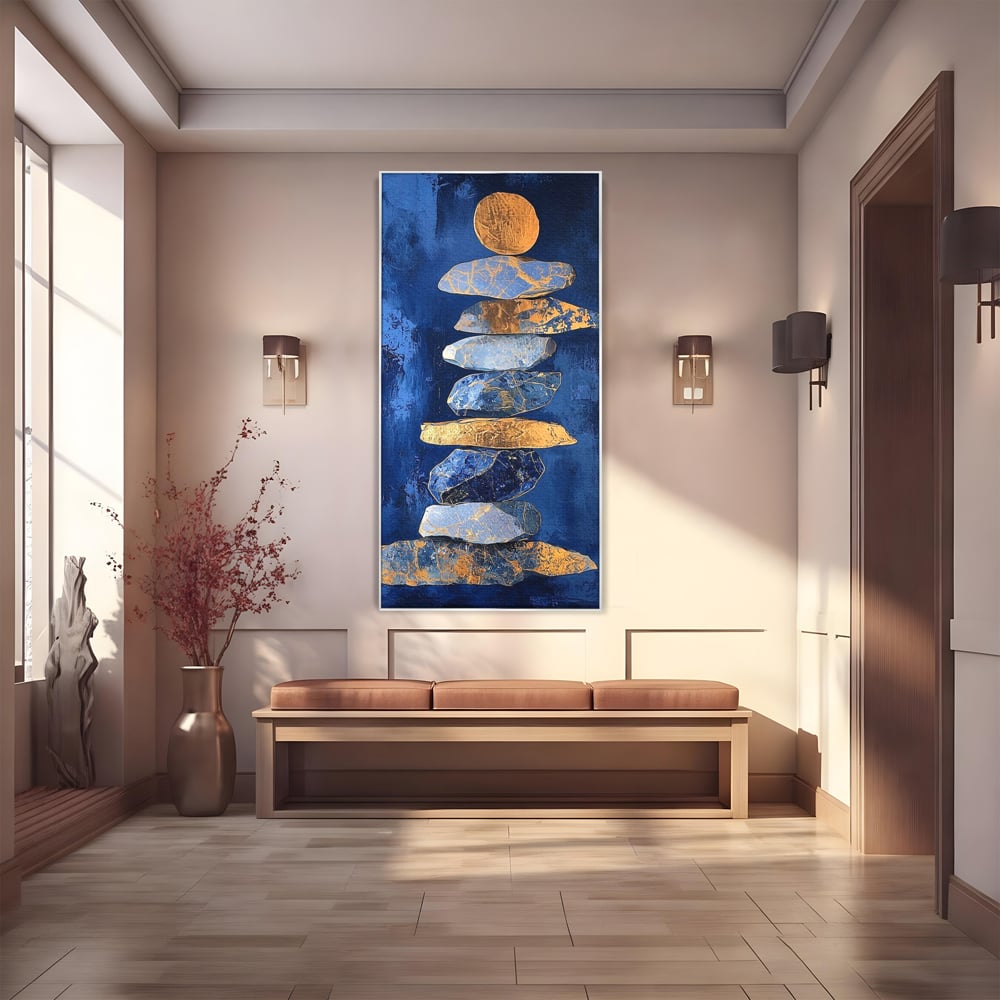 Tablou Canvas Premium, LuxCanva® C1290, Pietre care se roaga, Geometrie, Culori, Abstract, Aur, Pietre, Statuie, Echilibru, Albastru, Zen, Sacru, Spiritual, Vertical, Meditatie, Birou, Living, Dormitor