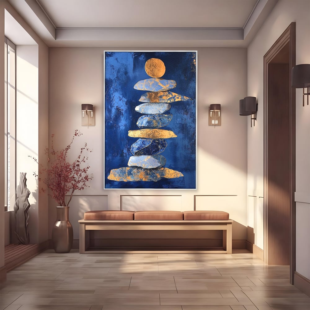 Tablou Canvas Premium, LuxCanva® C1290, Pietre care se roaga, Geometrie, Culori, Abstract, Aur, Pietre, Statuie, Echilibru, Albastru, Zen, Sacru, Spiritual, Vertical, Meditatie, Birou, Living, Dormitor