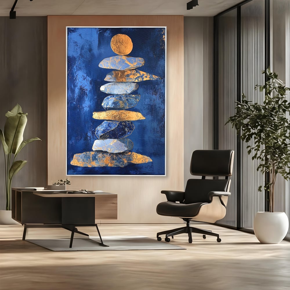 Tablou Canvas Premium, LuxCanva® C1290, Pietre care se roaga, Geometrie, Culori, Abstract, Aur, Pietre, Statuie, Echilibru, Albastru, Zen, Sacru, Spiritual, Vertical, Meditatie, Birou, Living, Dormitor