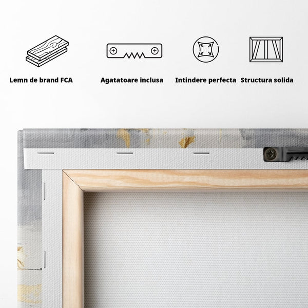 Tablou Canvas Premium, LuxCanva® C1292, Aurul care tine lumea, Geometrie, Culori, Abstract, Auriu, Gri, Negru, Linii, Straturi, Arhitectura, Ax, Rugaciune, Sacral, Decoratiune, Birou, Living, Dormitor