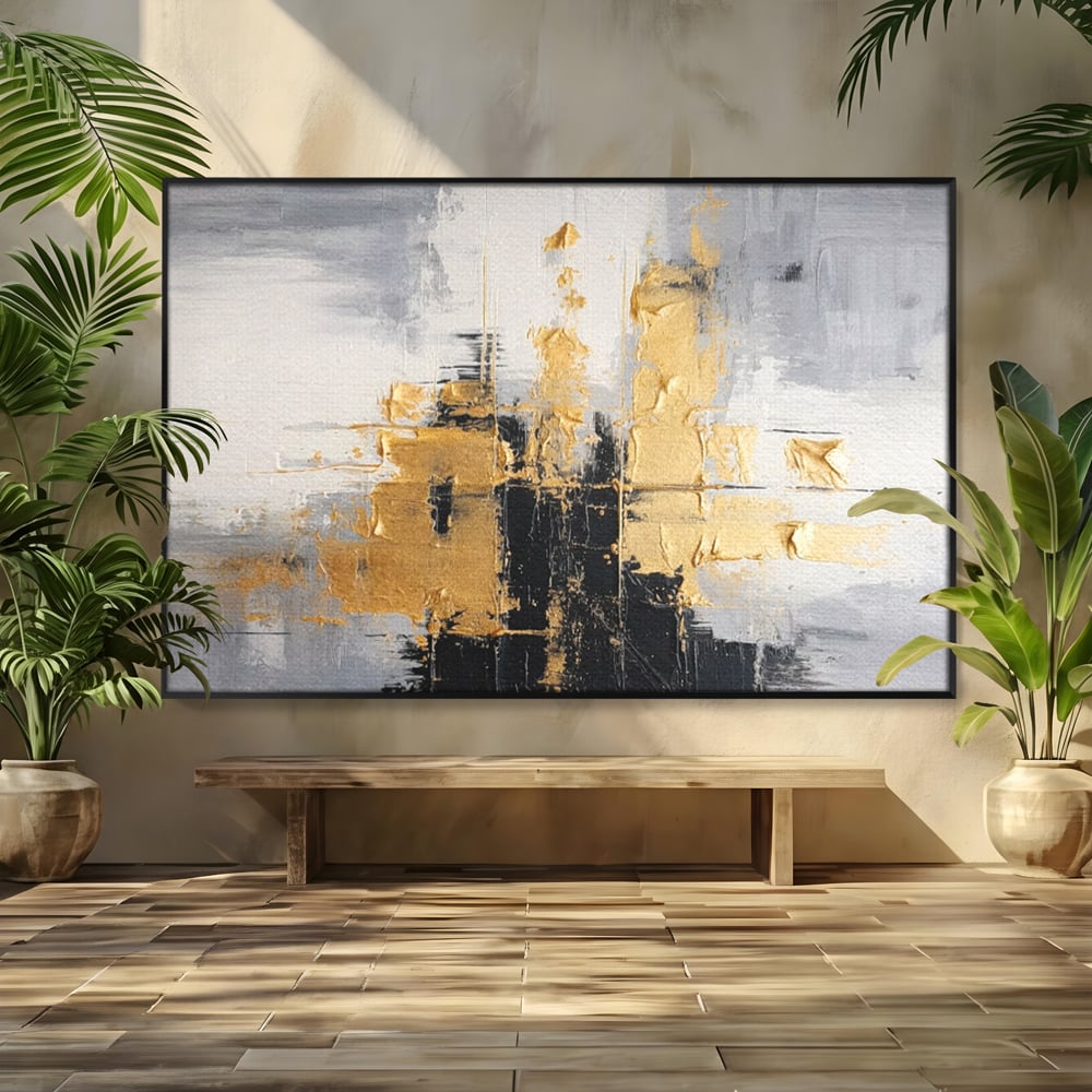 Tablou Canvas Premium, LuxCanva® C1292, Aurul care tine lumea, Geometrie, Culori, Abstract, Auriu, Gri, Negru, Linii, Straturi, Arhitectura, Ax, Rugaciune, Sacral, Decoratiune, Birou, Living, Dormitor