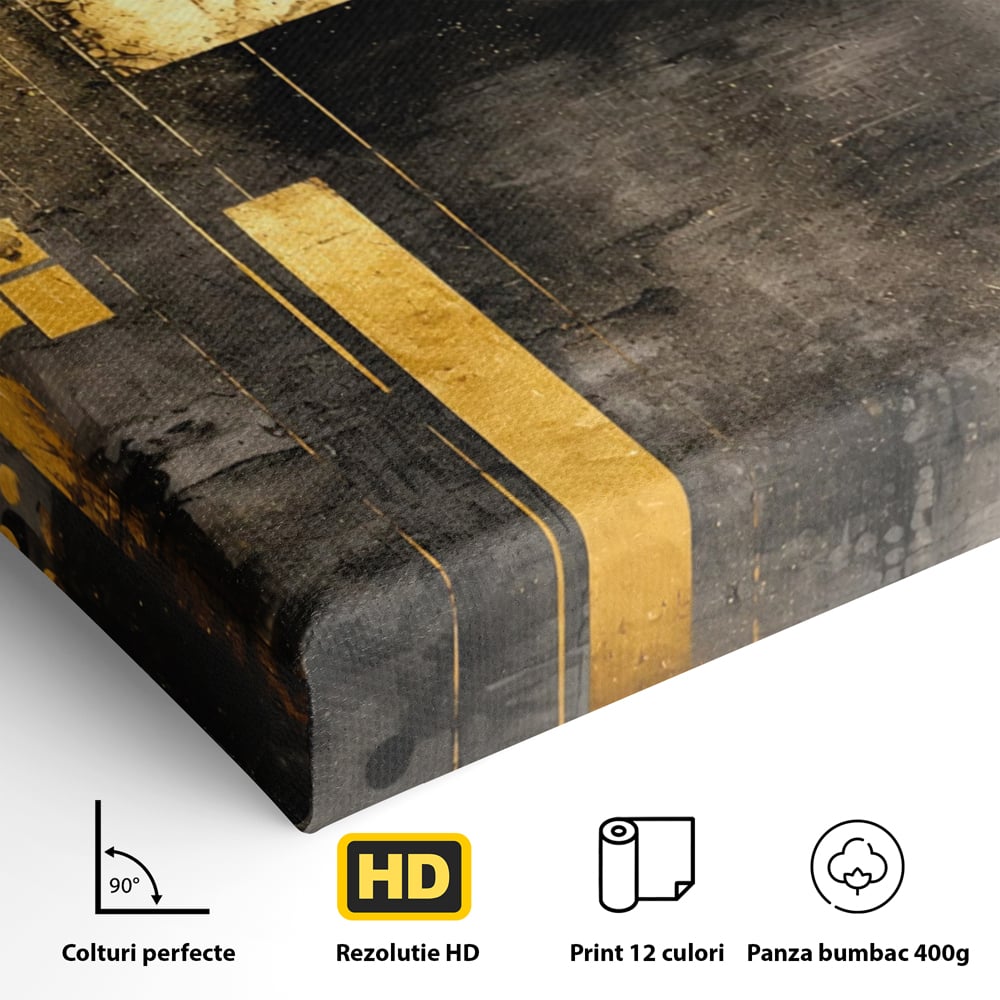 Tablou Canvas Premium, LuxCanva® C1293, Aur in noapte, Geometrie, Culori, Abstract, Solemn, Monumental, Arhaic, Lumina, Intuneric, Gold, Simbol, Echilibru, Decorativ, Birou, Living, Dormitor