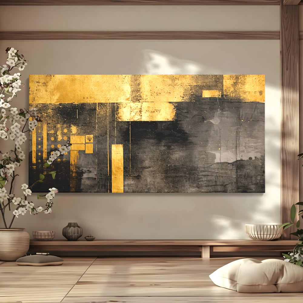 Tablou Canvas Premium, LuxCanva® C1293, Aur in noapte, Geometrie, Culori, Abstract, Solemn, Monumental, Arhaic, Lumina, Intuneric, Gold, Simbol, Echilibru, Decorativ, Birou, Living, Dormitor