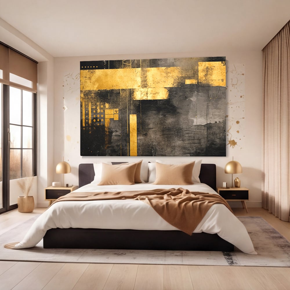 Tablou Canvas Premium, LuxCanva® C1293, Aur in noapte, Geometrie, Culori, Abstract, Solemn, Monumental, Arhaic, Lumina, Intuneric, Gold, Simbol, Echilibru, Decorativ, Birou, Living, Dormitor