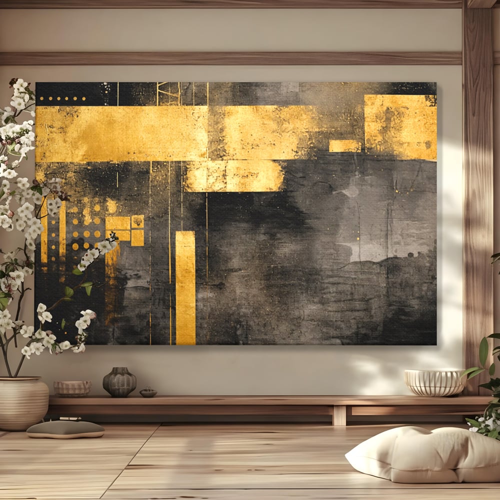 Tablou Canvas Premium, LuxCanva® C1293, Aur in noapte, Geometrie, Culori, Abstract, Solemn, Monumental, Arhaic, Lumina, Intuneric, Gold, Simbol, Echilibru, Decorativ, Birou, Living, Dormitor