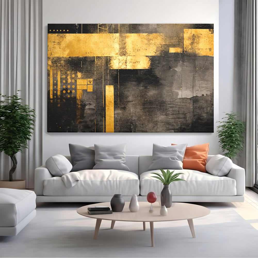Tablou Canvas Premium, LuxCanva® C1293, Aur in noapte, Geometrie, Culori, Abstract, Solemn, Monumental, Arhaic, Lumina, Intuneric, Gold, Simbol, Echilibru, Decorativ, Birou, Living, Dormitor
