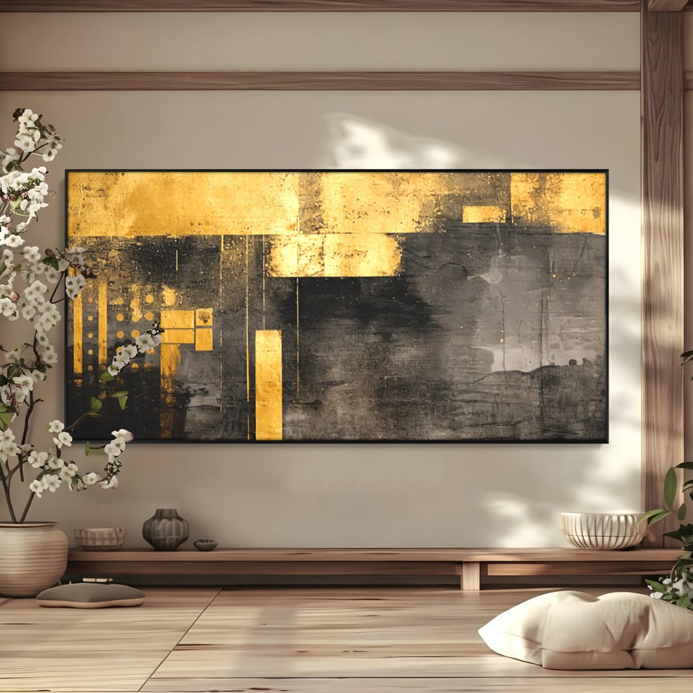 Tablou Canvas Premium, LuxCanva® C1293, Aur in noapte, Geometrie, Culori, Abstract, Solemn, Monumental, Arhaic, Lumina, Intuneric, Gold, Simbol, Echilibru, Decorativ, Birou, Living, Dormitor