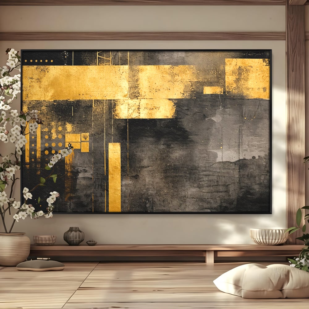 Tablou Canvas Premium, LuxCanva® C1293, Aur in noapte, Geometrie, Culori, Abstract, Solemn, Monumental, Arhaic, Lumina, Intuneric, Gold, Simbol, Echilibru, Decorativ, Birou, Living, Dormitor