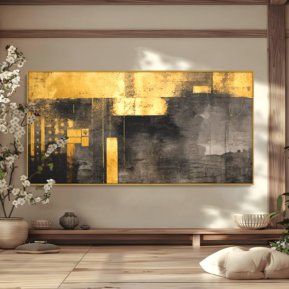 Tablou Canvas Premium, LuxCanva® C1293, Aur in noapte, Geometrie, Culori, Abstract, Solemn, Monumental, Arhaic, Lumina, Intuneric, Gold, Simbol, Echilibru, Decorativ, Birou, Living, Dormitor