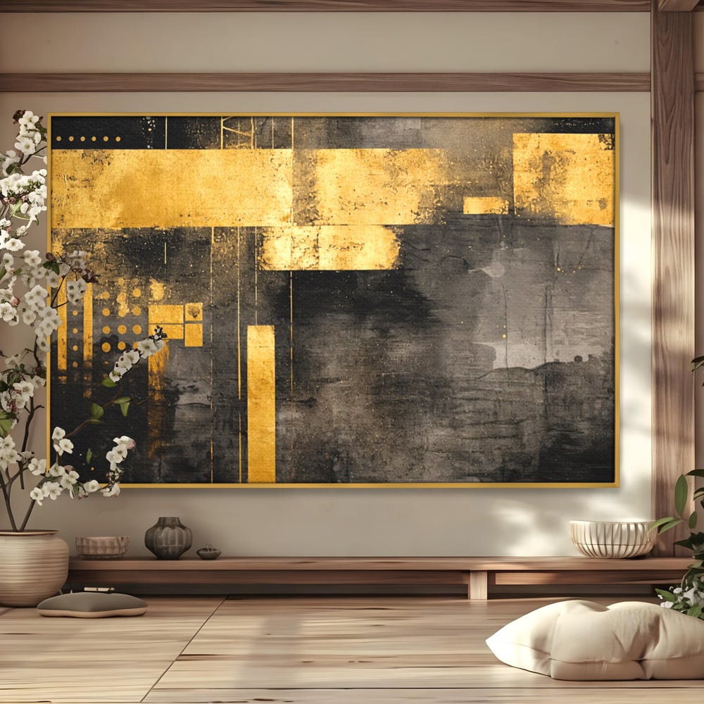 Tablou Canvas Premium, LuxCanva® C1293, Aur in noapte, Geometrie, Culori, Abstract, Solemn, Monumental, Arhaic, Lumina, Intuneric, Gold, Simbol, Echilibru, Decorativ, Birou, Living, Dormitor