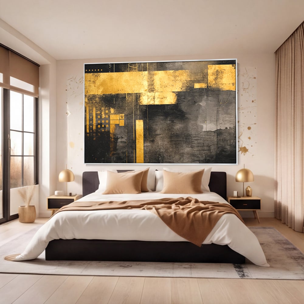 Tablou Canvas Premium, LuxCanva® C1293, Aur in noapte, Geometrie, Culori, Abstract, Solemn, Monumental, Arhaic, Lumina, Intuneric, Gold, Simbol, Echilibru, Decorativ, Birou, Living, Dormitor