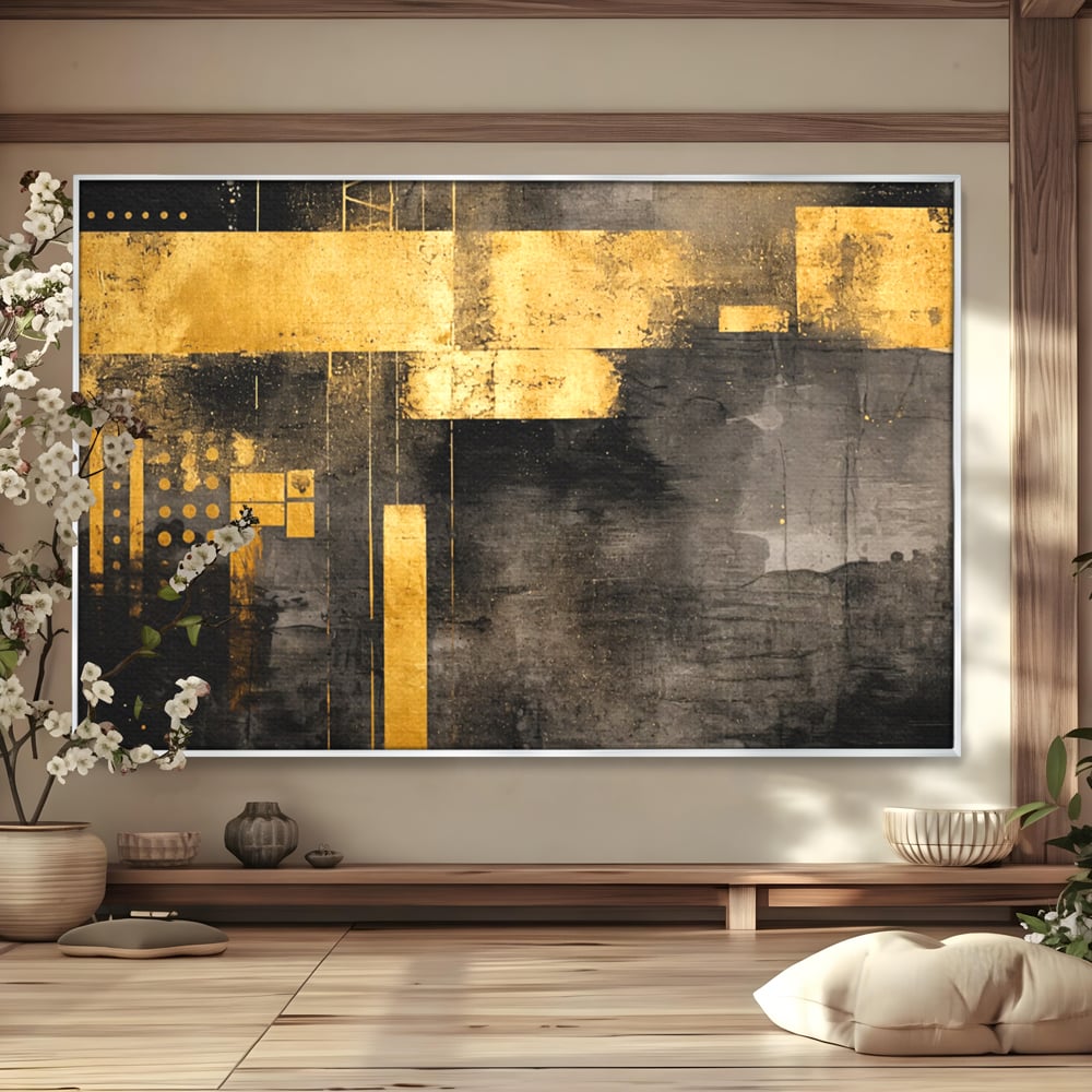 Tablou Canvas Premium, LuxCanva® C1293, Aur in noapte, Geometrie, Culori, Abstract, Solemn, Monumental, Arhaic, Lumina, Intuneric, Gold, Simbol, Echilibru, Decorativ, Birou, Living, Dormitor