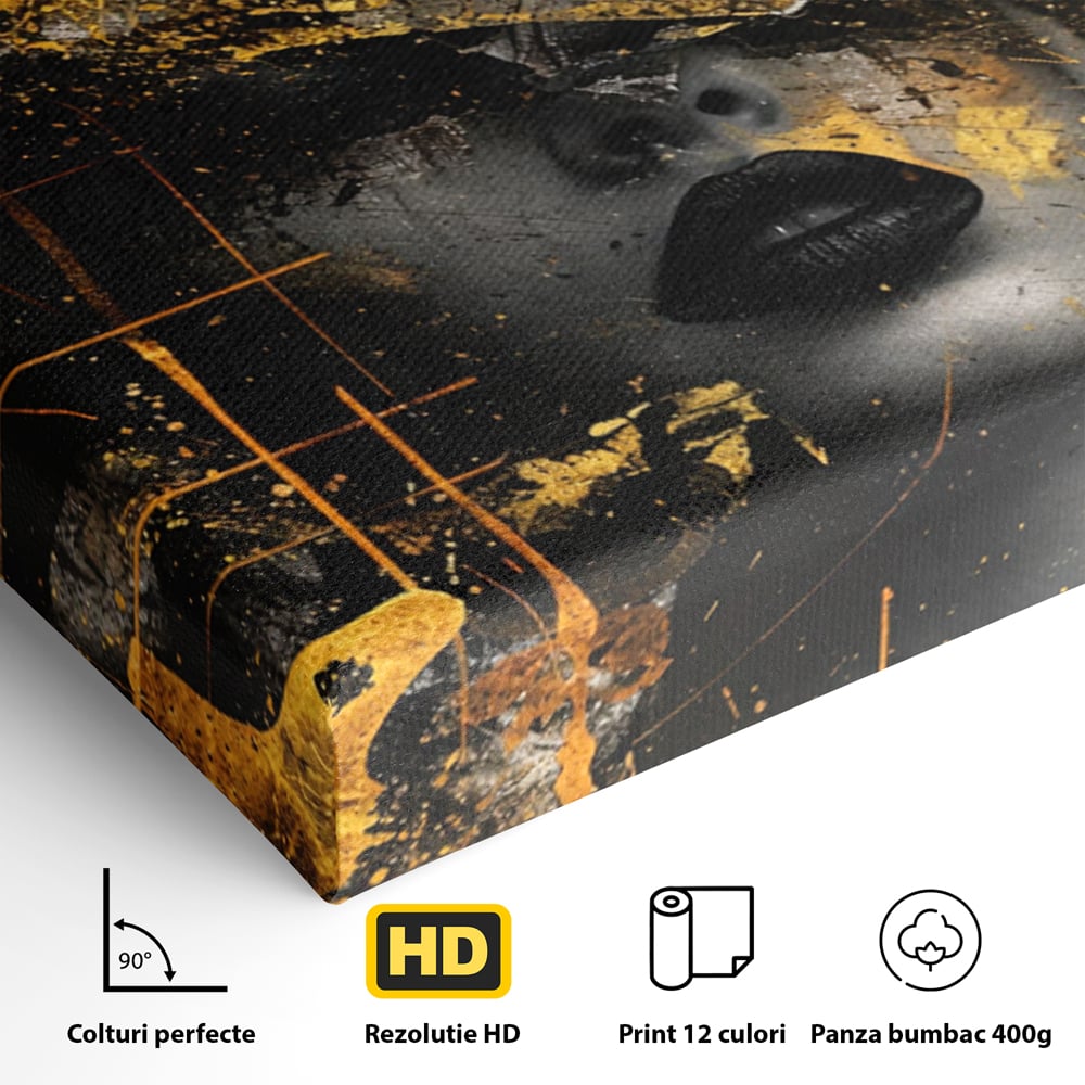 Leinwand Premium Canvas Wandkunst, LuxCanva® C1294, Frau als Geheimnis, Abstrakt, Portrait, Gold, Schwarz, Frau, Drama, Stille, Schweigen, Gesicht, Schönheit, Atmen, Nacht, Diva, Podium, Büro, Wohnen, Schlafzimmer