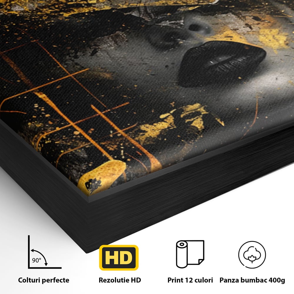 Leinwand Premium Canvas Wandkunst, LuxCanva® C1294, Frau als Geheimnis, Abstrakt, Portrait, Gold, Schwarz, Frau, Drama, Stille, Schweigen, Gesicht, Schönheit, Atmen, Nacht, Diva, Podium, Büro, Wohnen, Schlafzimmer