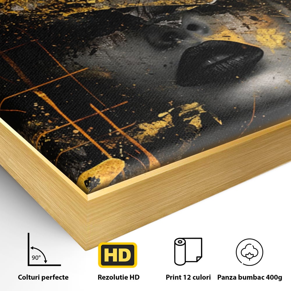 Leinwand Premium Canvas Wandkunst, LuxCanva® C1294, Frau als Geheimnis, Abstrakt, Portrait, Gold, Schwarz, Frau, Drama, Stille, Schweigen, Gesicht, Schönheit, Atmen, Nacht, Diva, Podium, Büro, Wohnen, Schlafzimmer