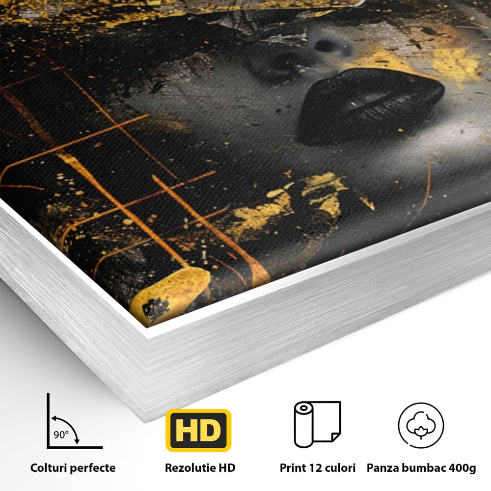 Leinwand Premium Canvas Wandkunst, LuxCanva® C1294, Frau als Geheimnis, Abstrakt, Portrait, Gold, Schwarz, Frau, Drama, Stille, Schweigen, Gesicht, Schönheit, Atmen, Nacht, Diva, Podium, Büro, Wohnen, Schlafzimmer
