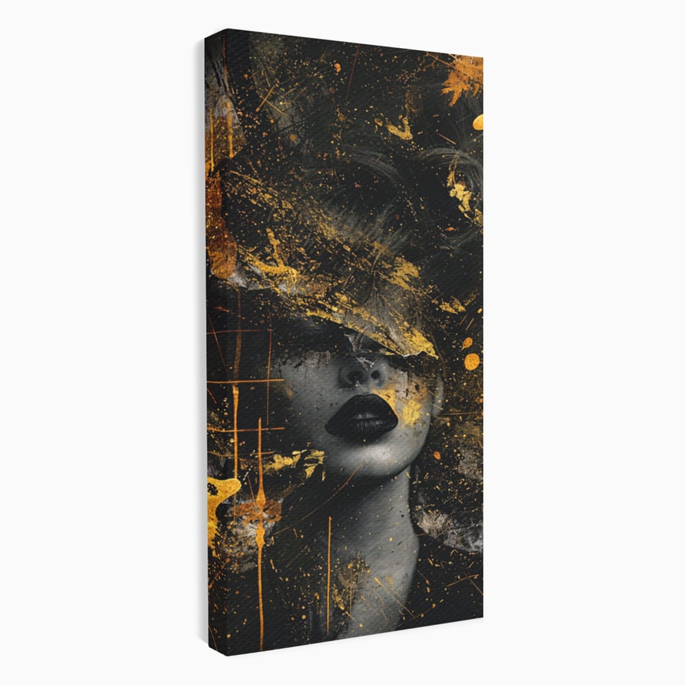 Leinwand Premium Canvas Wandkunst, LuxCanva® C1294, Frau als Geheimnis, Abstrakt, Portrait, Gold, Schwarz, Frau, Drama, Stille, Schweigen, Gesicht, Schönheit, Atmen, Nacht, Diva, Podium, Büro, Wohnen, Schlafzimmer
