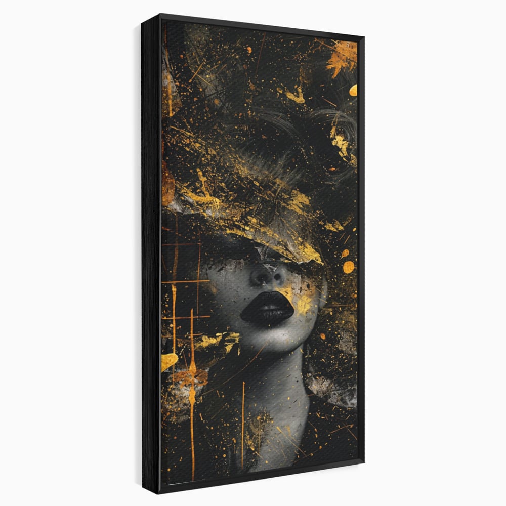 Leinwand Premium Canvas Wandkunst, LuxCanva® C1294, Frau als Geheimnis, Abstrakt, Portrait, Gold, Schwarz, Frau, Drama, Stille, Schweigen, Gesicht, Schönheit, Atmen, Nacht, Diva, Podium, Büro, Wohnen, Schlafzimmer