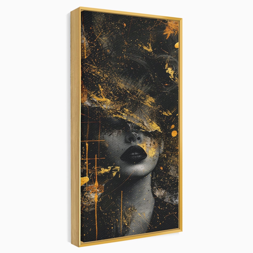 Leinwand Premium Canvas Wandkunst, LuxCanva® C1294, Frau als Geheimnis, Abstrakt, Portrait, Gold, Schwarz, Frau, Drama, Stille, Schweigen, Gesicht, Schönheit, Atmen, Nacht, Diva, Podium, Büro, Wohnen, Schlafzimmer