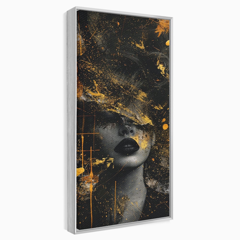 Leinwand Premium Canvas Wandkunst, LuxCanva® C1294, Frau als Geheimnis, Abstrakt, Portrait, Gold, Schwarz, Frau, Drama, Stille, Schweigen, Gesicht, Schönheit, Atmen, Nacht, Diva, Podium, Büro, Wohnen, Schlafzimmer