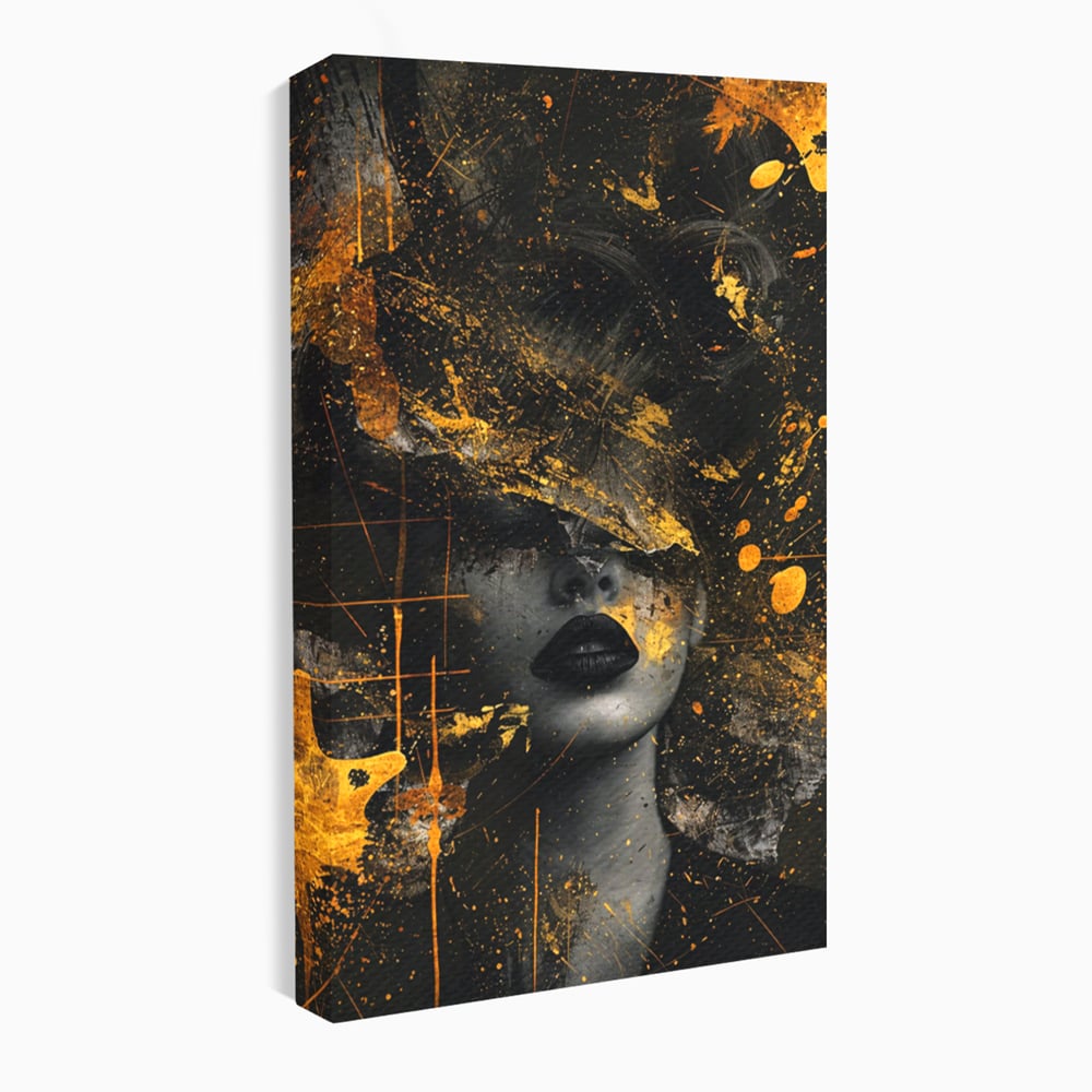 Leinwand Premium Canvas Wandkunst, LuxCanva® C1294, Frau als Geheimnis, Abstrakt, Portrait, Gold, Schwarz, Frau, Drama, Stille, Schweigen, Gesicht, Schönheit, Atmen, Nacht, Diva, Podium, Büro, Wohnen, Schlafzimmer