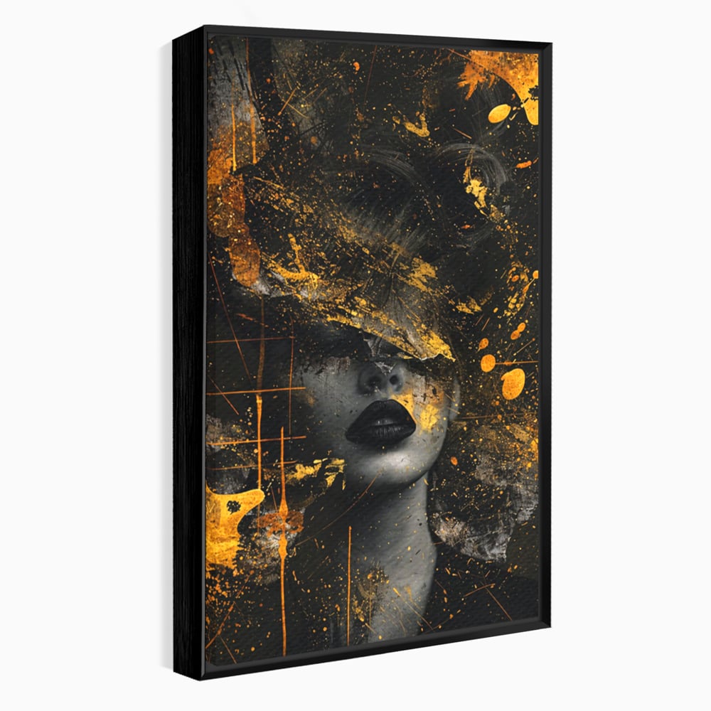 Leinwand Premium Canvas Wandkunst, LuxCanva® C1294, Frau als Geheimnis, Abstrakt, Portrait, Gold, Schwarz, Frau, Drama, Stille, Schweigen, Gesicht, Schönheit, Atmen, Nacht, Diva, Podium, Büro, Wohnen, Schlafzimmer