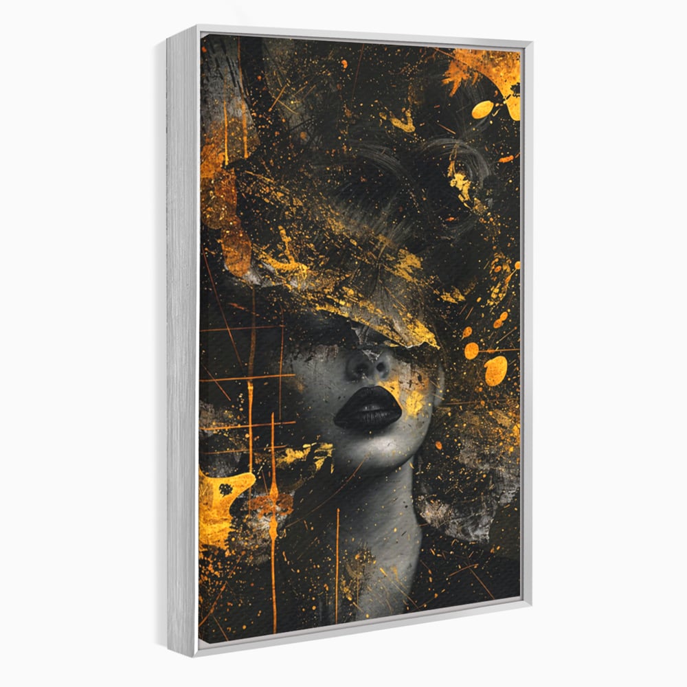 Leinwand Premium Canvas Wandkunst, LuxCanva® C1294, Frau als Geheimnis, Abstrakt, Portrait, Gold, Schwarz, Frau, Drama, Stille, Schweigen, Gesicht, Schönheit, Atmen, Nacht, Diva, Podium, Büro, Wohnen, Schlafzimmer