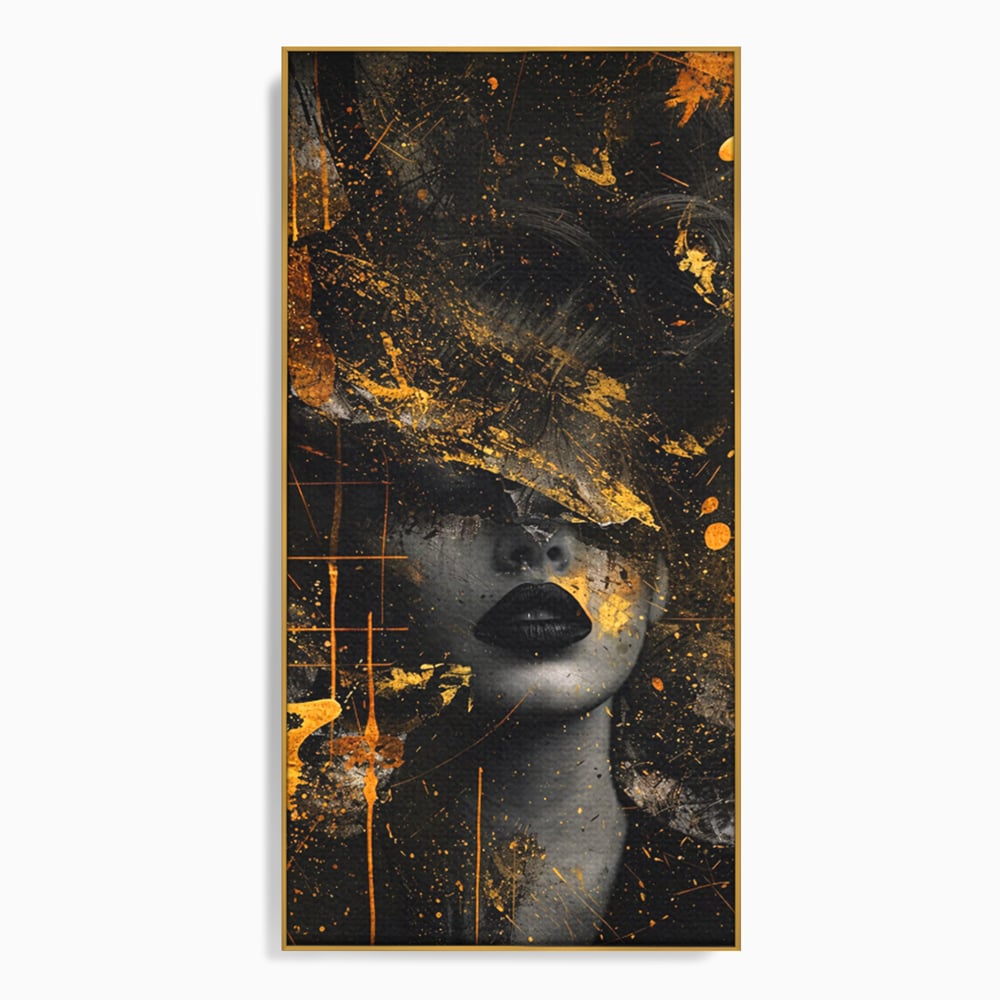 Leinwand Premium Canvas Wandkunst, LuxCanva® C1294, Frau als Geheimnis, Abstrakt, Portrait, Gold, Schwarz, Frau, Drama, Stille, Schweigen, Gesicht, Schönheit, Atmen, Nacht, Diva, Podium, Büro, Wohnen, Schlafzimmer