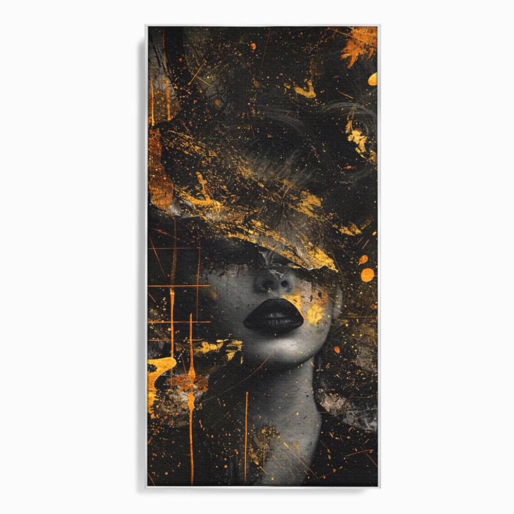Leinwand Premium Canvas Wandkunst, LuxCanva® C1294, Frau als Geheimnis, Abstrakt, Portrait, Gold, Schwarz, Frau, Drama, Stille, Schweigen, Gesicht, Schönheit, Atmen, Nacht, Diva, Podium, Büro, Wohnen, Schlafzimmer