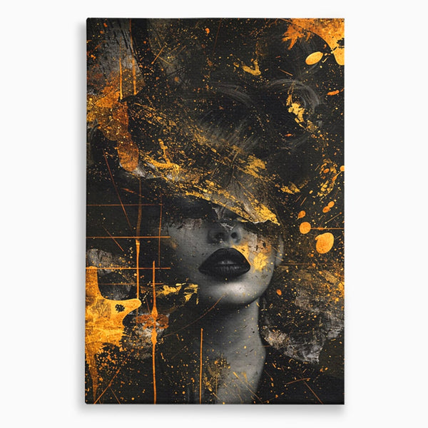 Leinwand Premium Canvas Wandkunst, LuxCanva® C1294, Frau als Geheimnis, Abstrakt, Portrait, Gold, Schwarz, Frau, Drama, Stille, Schweigen, Gesicht, Schönheit, Atmen, Nacht, Diva, Podium, Büro, Wohnen, Schlafzimmer
