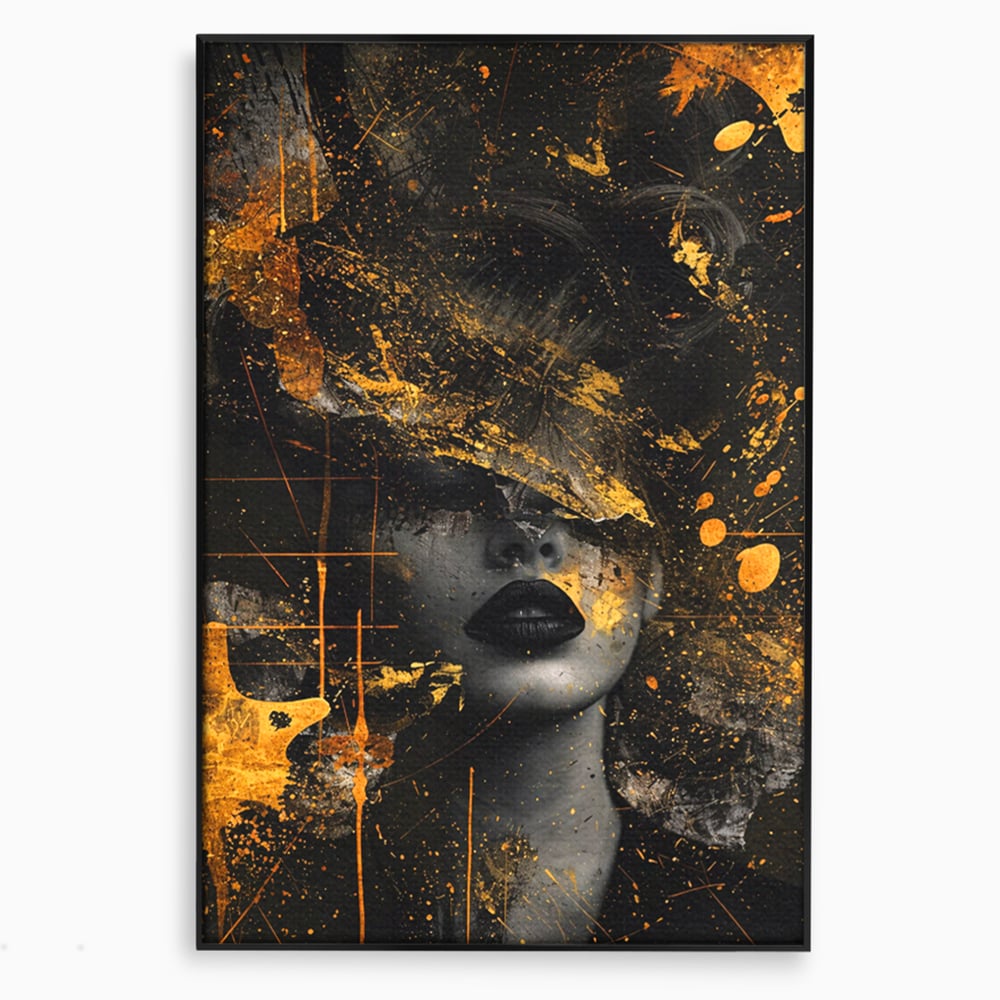 Leinwand Premium Canvas Wandkunst, LuxCanva® C1294, Frau als Geheimnis, Abstrakt, Portrait, Gold, Schwarz, Frau, Drama, Stille, Schweigen, Gesicht, Schönheit, Atmen, Nacht, Diva, Podium, Büro, Wohnen, Schlafzimmer