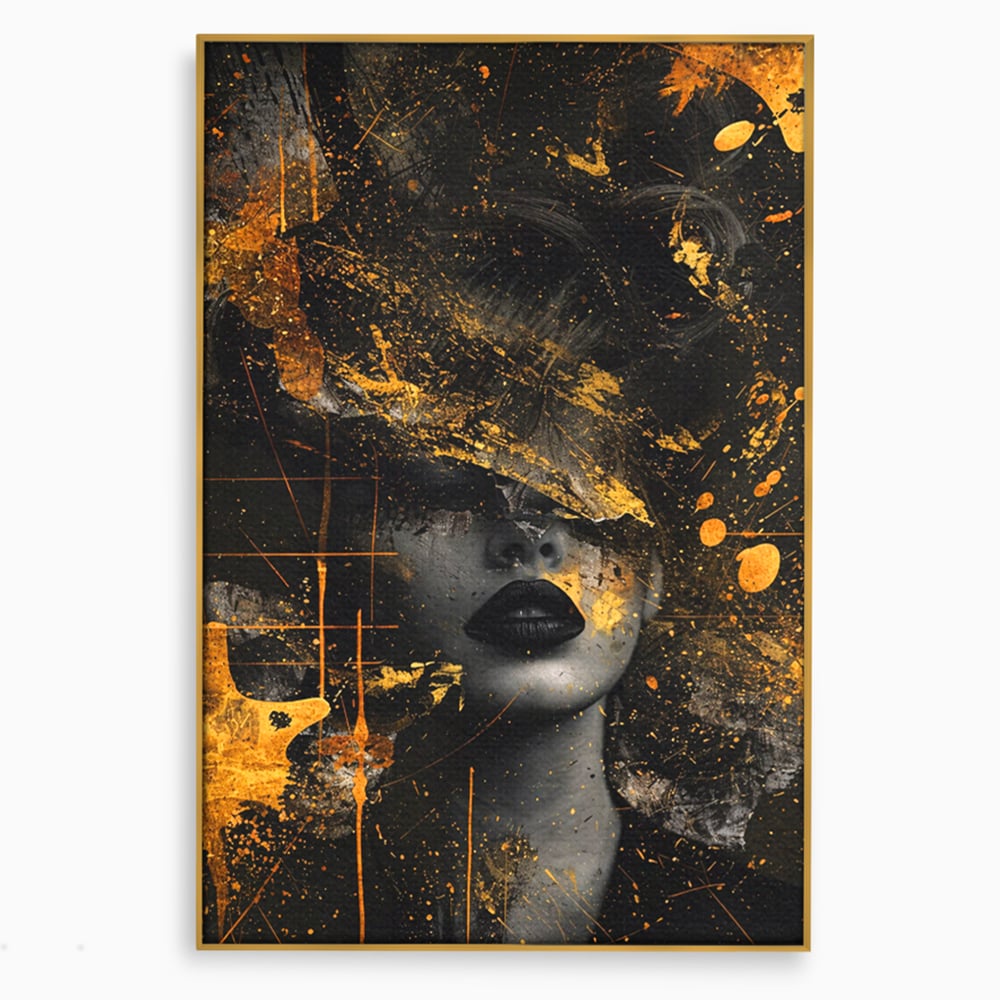 Leinwand Premium Canvas Wandkunst, LuxCanva® C1294, Frau als Geheimnis, Abstrakt, Portrait, Gold, Schwarz, Frau, Drama, Stille, Schweigen, Gesicht, Schönheit, Atmen, Nacht, Diva, Podium, Büro, Wohnen, Schlafzimmer