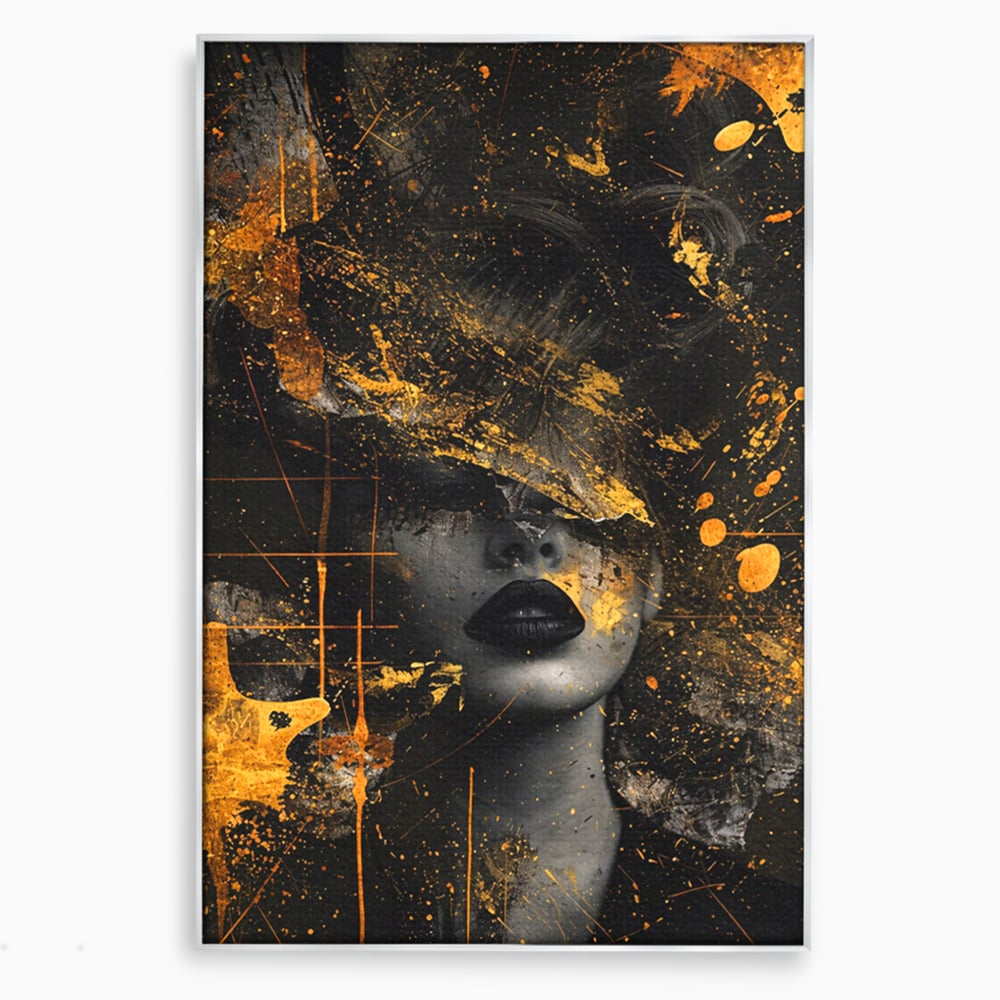 Leinwand Premium Canvas Wandkunst, LuxCanva® C1294, Frau als Geheimnis, Abstrakt, Portrait, Gold, Schwarz, Frau, Drama, Stille, Schweigen, Gesicht, Schönheit, Atmen, Nacht, Diva, Podium, Büro, Wohnen, Schlafzimmer