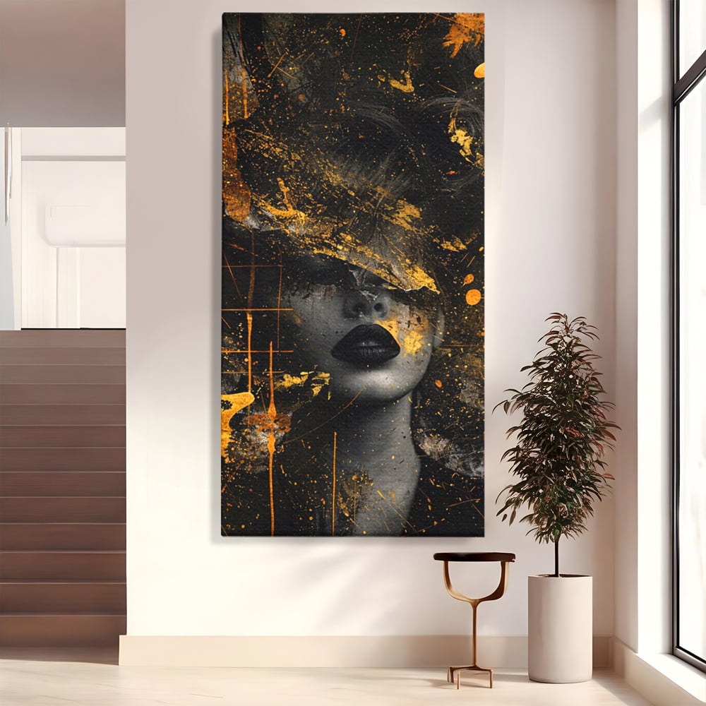 Leinwand Premium Canvas Wandkunst, LuxCanva® C1294, Frau als Geheimnis, Abstrakt, Portrait, Gold, Schwarz, Frau, Drama, Stille, Schweigen, Gesicht, Schönheit, Atmen, Nacht, Diva, Podium, Büro, Wohnen, Schlafzimmer