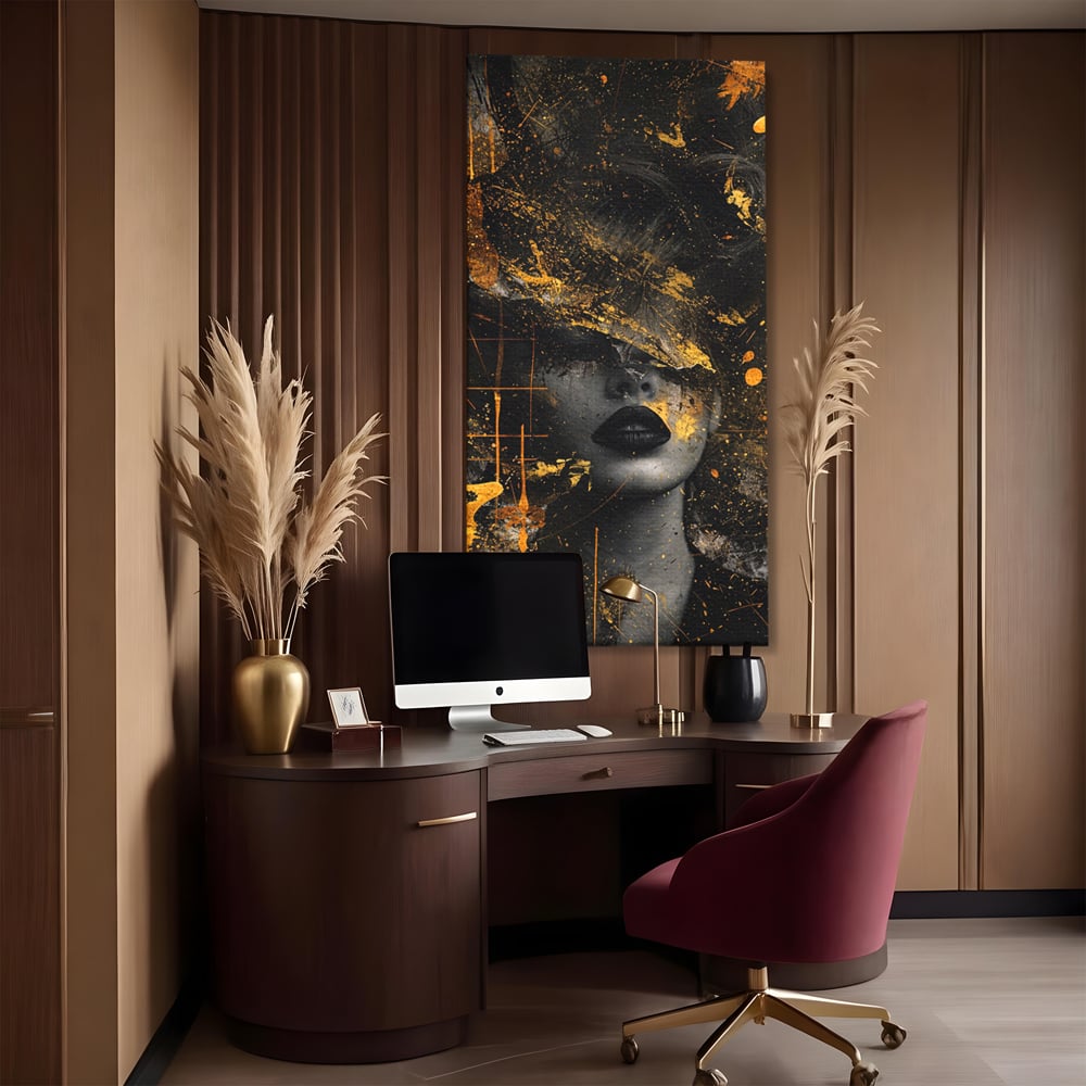 Leinwand Premium Canvas Wandkunst, LuxCanva® C1294, Frau als Geheimnis, Abstrakt, Portrait, Gold, Schwarz, Frau, Drama, Stille, Schweigen, Gesicht, Schönheit, Atmen, Nacht, Diva, Podium, Büro, Wohnen, Schlafzimmer