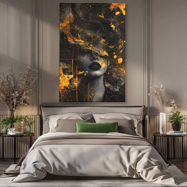 Leinwand Premium Canvas Wandkunst, LuxCanva® C1294, Frau als Geheimnis, Abstrakt, Portrait, Gold, Schwarz, Frau, Drama, Stille, Schweigen, Gesicht, Schönheit, Atmen, Nacht, Diva, Podium, Büro, Wohnen, Schlafzimmer