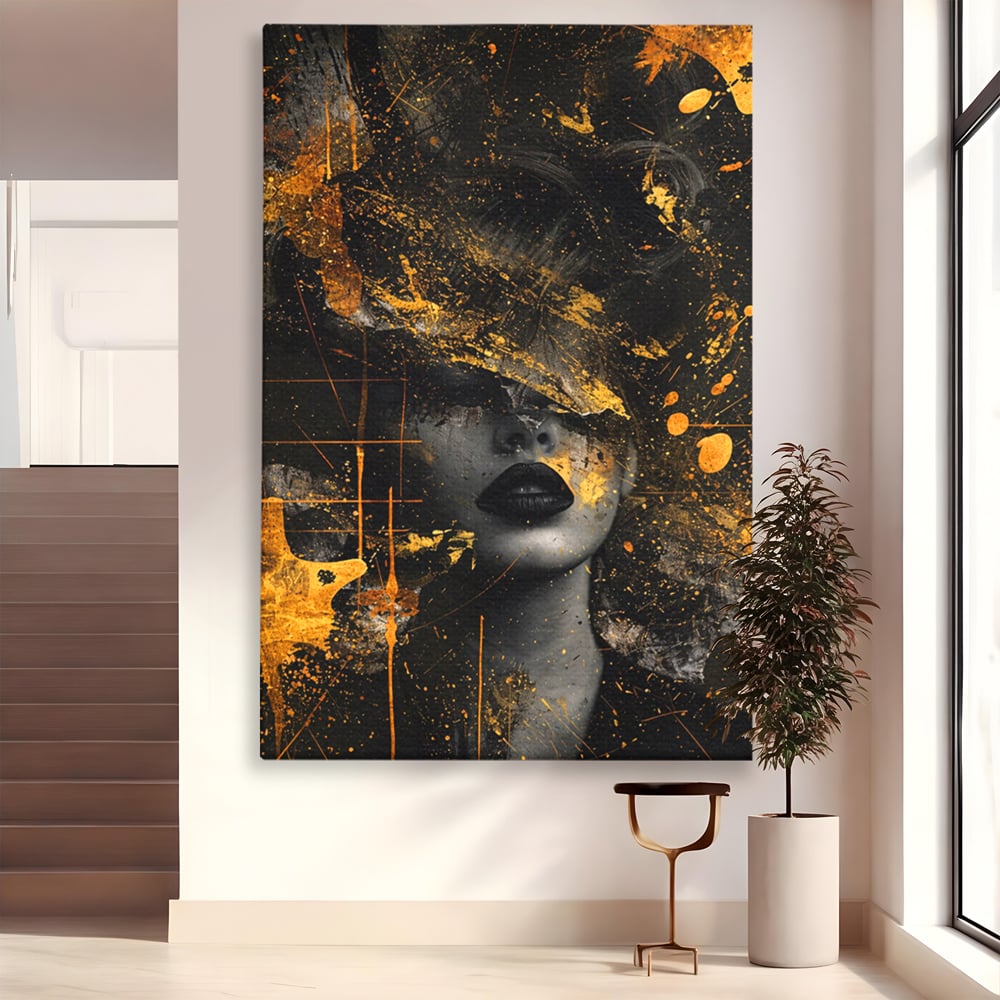 Leinwand Premium Canvas Wandkunst, LuxCanva® C1294, Frau als Geheimnis, Abstrakt, Portrait, Gold, Schwarz, Frau, Drama, Stille, Schweigen, Gesicht, Schönheit, Atmen, Nacht, Diva, Podium, Büro, Wohnen, Schlafzimmer