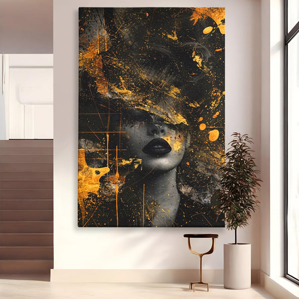 Leinwand Premium Canvas Wandkunst, LuxCanva® C1294, Frau als Geheimnis, Abstrakt, Portrait, Gold, Schwarz, Frau, Drama, Stille, Schweigen, Gesicht, Schönheit, Atmen, Nacht, Diva, Podium, Büro, Wohnen, Schlafzimmer