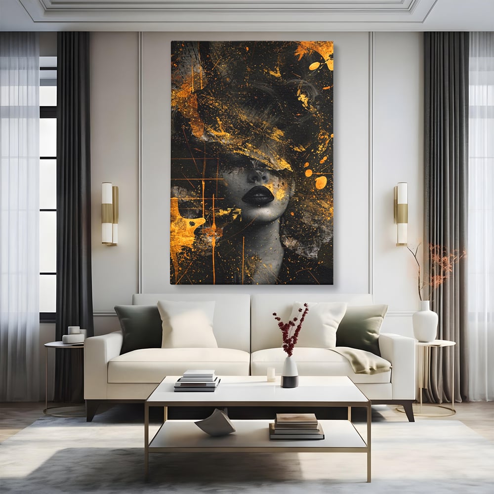 Leinwand Premium Canvas Wandkunst, LuxCanva® C1294, Frau als Geheimnis, Abstrakt, Portrait, Gold, Schwarz, Frau, Drama, Stille, Schweigen, Gesicht, Schönheit, Atmen, Nacht, Diva, Podium, Büro, Wohnen, Schlafzimmer