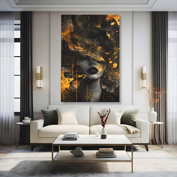 Leinwand Premium Canvas Wandkunst, LuxCanva® C1294, Frau als Geheimnis, Abstrakt, Portrait, Gold, Schwarz, Frau, Drama, Stille, Schweigen, Gesicht, Schönheit, Atmen, Nacht, Diva, Podium, Büro, Wohnen, Schlafzimmer