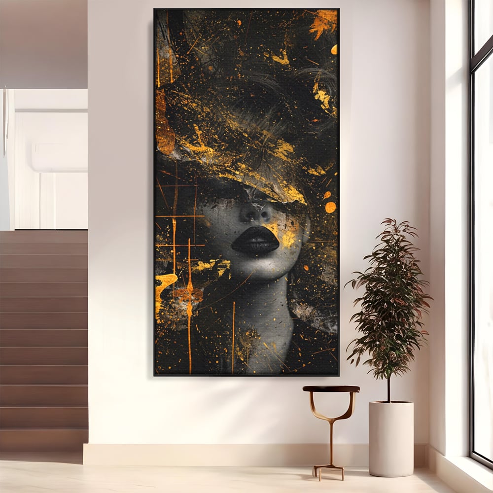 Leinwand Premium Canvas Wandkunst, LuxCanva® C1294, Frau als Geheimnis, Abstrakt, Portrait, Gold, Schwarz, Frau, Drama, Stille, Schweigen, Gesicht, Schönheit, Atmen, Nacht, Diva, Podium, Büro, Wohnen, Schlafzimmer
