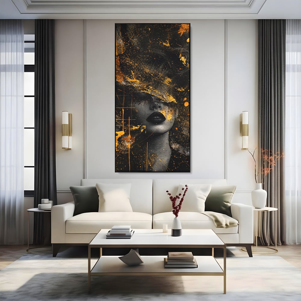Leinwand Premium Canvas Wandkunst, LuxCanva® C1294, Frau als Geheimnis, Abstrakt, Portrait, Gold, Schwarz, Frau, Drama, Stille, Schweigen, Gesicht, Schönheit, Atmen, Nacht, Diva, Podium, Büro, Wohnen, Schlafzimmer