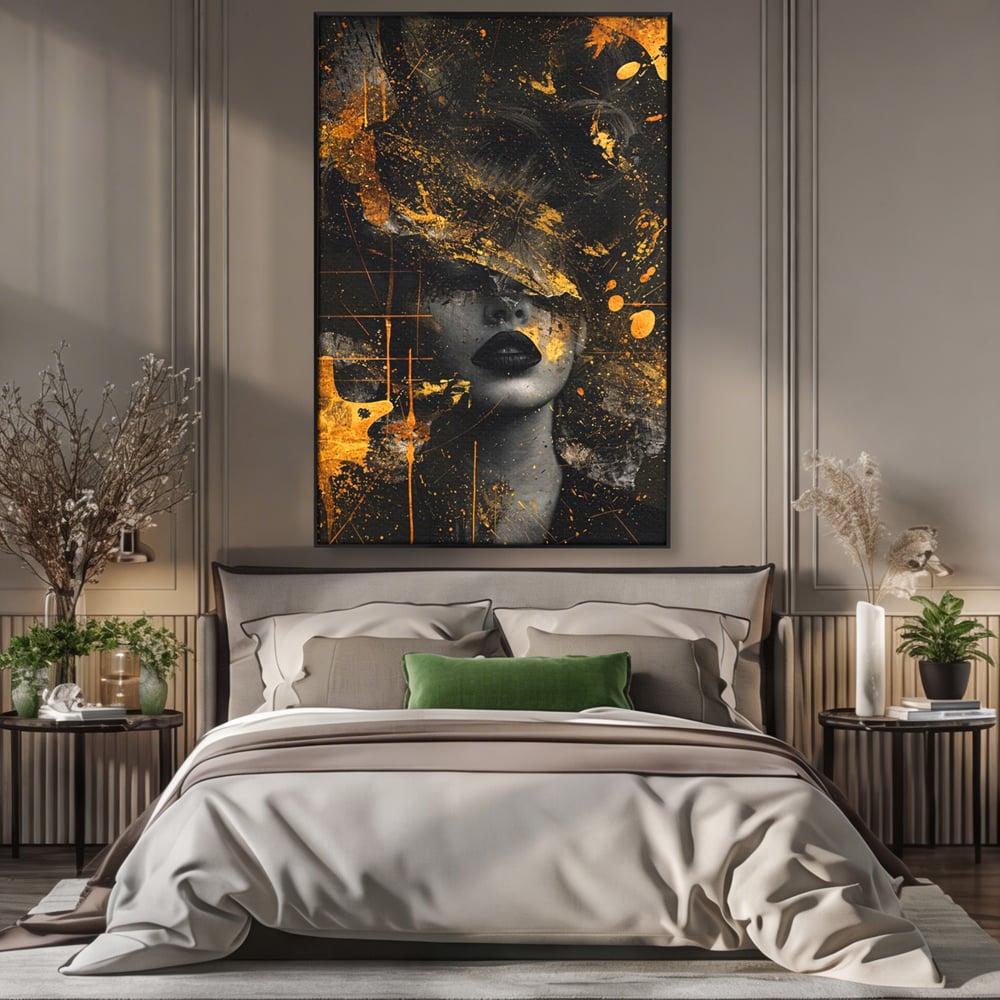 Leinwand Premium Canvas Wandkunst, LuxCanva® C1294, Frau als Geheimnis, Abstrakt, Portrait, Gold, Schwarz, Frau, Drama, Stille, Schweigen, Gesicht, Schönheit, Atmen, Nacht, Diva, Podium, Büro, Wohnen, Schlafzimmer